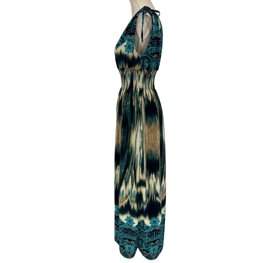 Jon & Anna Maxi Dress Womens Large Teal Blue Ikat Smocked Waist Boho Summer - Picture 3 of 6